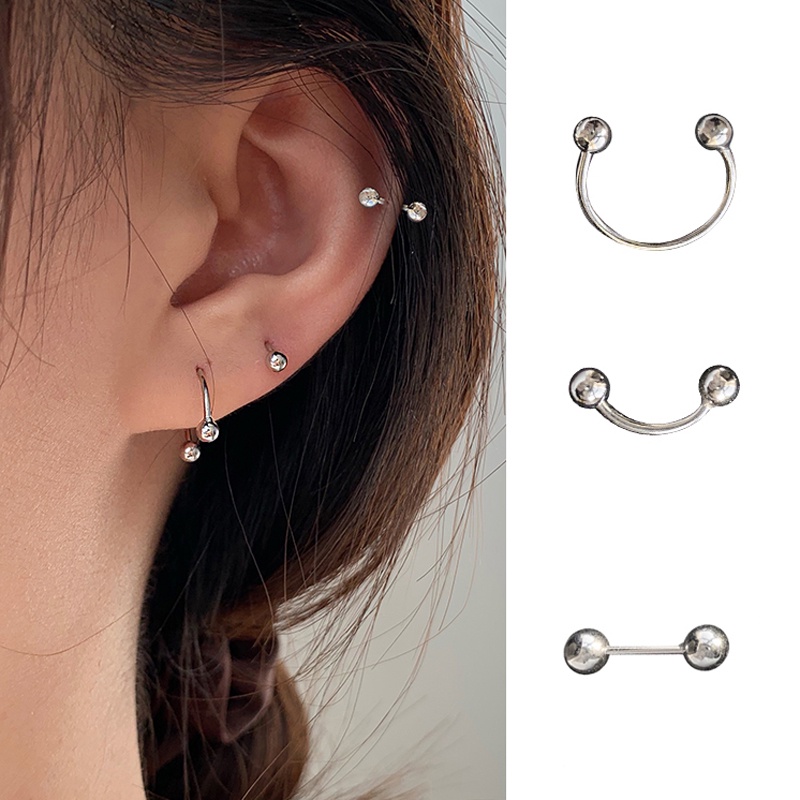 Roselife Unisex 1pc Anti Alergi Stainless Steel Gothic Bola Bulat Tindik Stud Anting Untuk Wanita Pria Double-ended Round Ball Screw Earring Jewelry