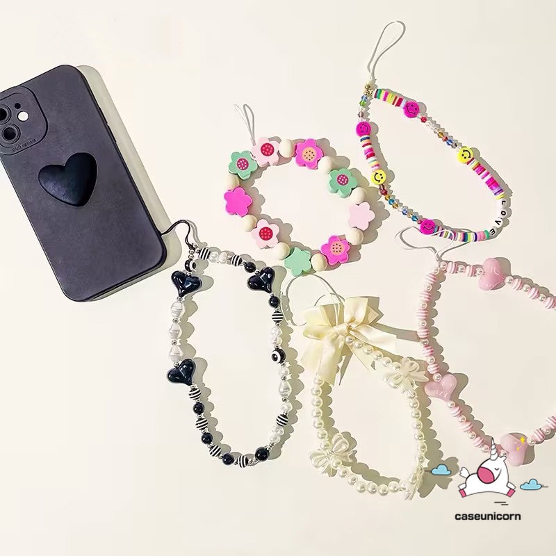 Ins Fashion Lucu Kartun Tali Tangan Universal Rantai Kelinci Beruang Smile Rantai Telepon Tali Strap Aksesoris Beragam Rantai Manik-Manik Gelang Kotak-Kotak Gantungan Kunci Lanyard