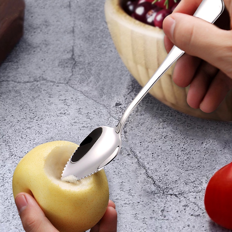 [Fitur] Sendok Garpu Makanan Pelengkap Bayi Pegangan Nyaman Gali Sendok Stainless Steel Jelly Kue ladle Gerigi Edge Fruit Scraping Scoop