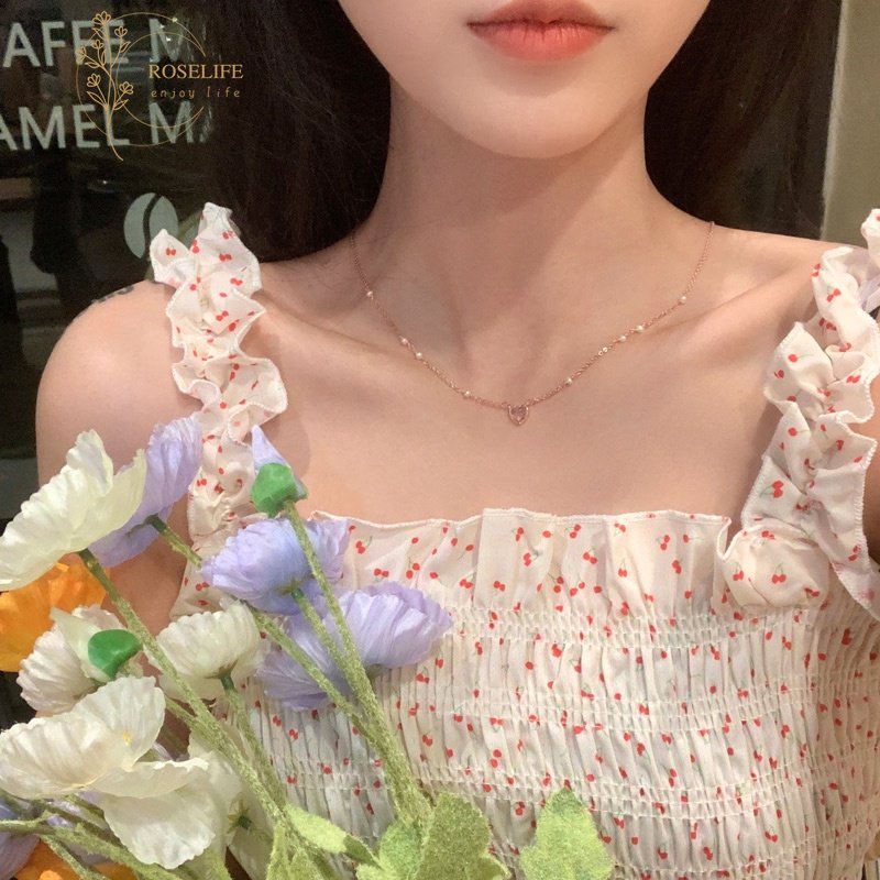 Roselife Korea Halus Mutiara Manik-Manik Rantai Glossy Opal Pink Hati Liontin Kalung Untuk Wanita Perempuan Berlian Imitasi Mengkilap Tulang Selangka Rantai Kalung Perhiasan