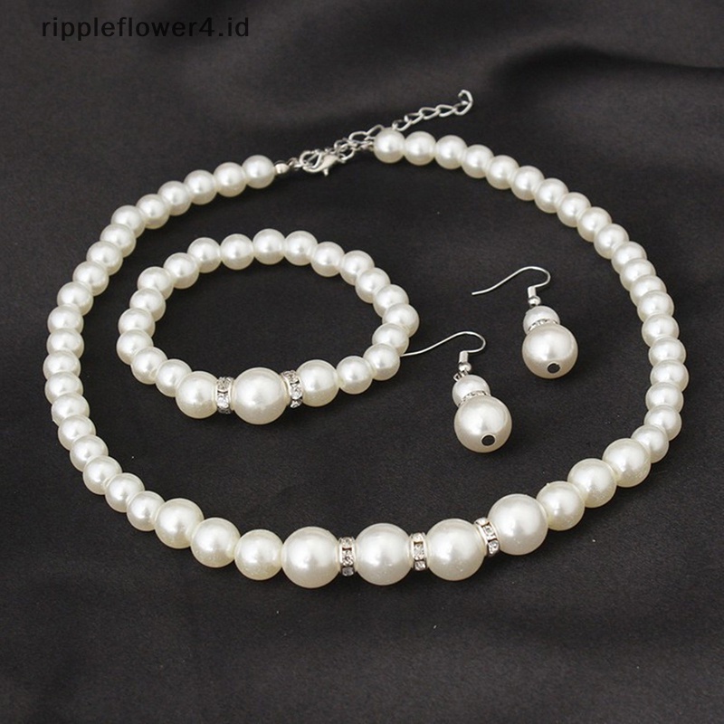 {rippleflower4.id} Kalung Gelang Anting Mutiara Set Pengantin Perempuan Pesta Pernikahan Hadiah Natal~