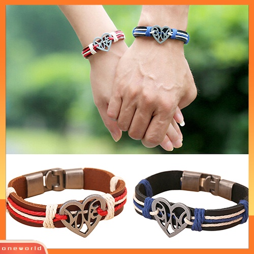 [WOD] Pasangan Kekasih Berongga Cinta Hati Rajutan Kulit Bangle Alloy Cuff Gesper Gelang