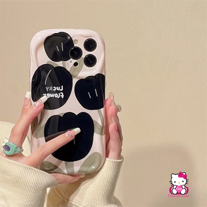 Fashion Bunga Tulip Case Untuk Realme C53 C55 C31 C33 C30 C21Y C17 C25s C25Y C15 C35 C3 C25 C12 C11 C20 C21 7i 6i 5 9i 5i 5s 3D Wavy Curved Edge Black Retro Lucky Flower Soft Cover