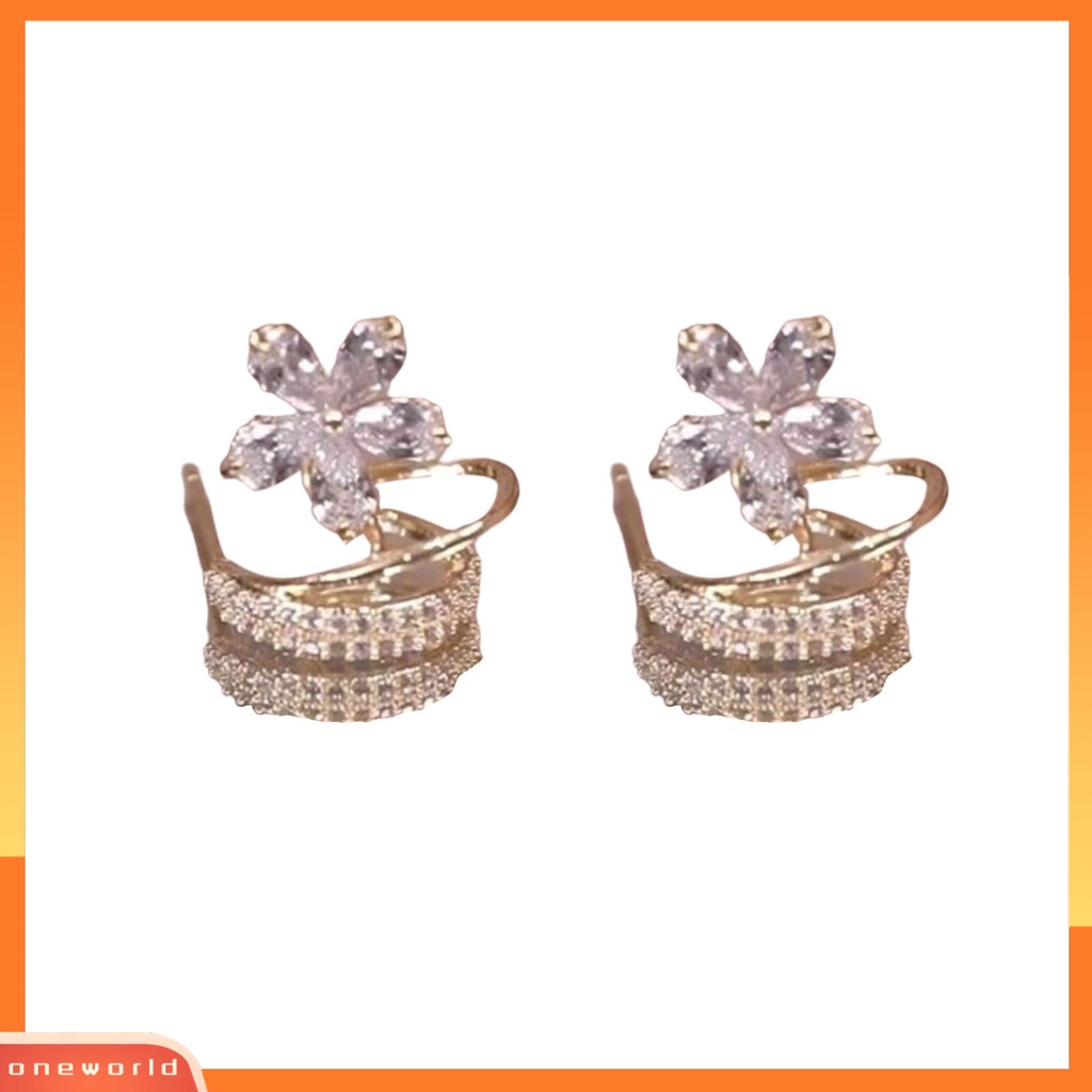 [WOD] 1pasang Ear Studs U Cincin Bunga Perhiasan Shiny Cubic Zirconia Stud Earrings Untuk Pesta Pernikahan Perjamuan Hadiah