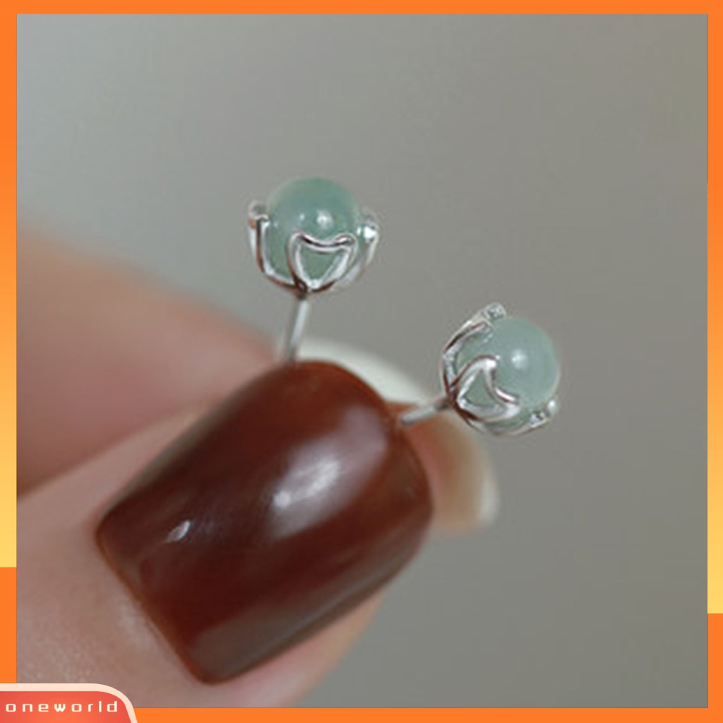 [WOD] 1pasang Ear Studs Shiny Imitasi Jade Inlay Ear Decoration Fashion Jewelry Piercing Studs Earring Wanita Perhiasan Hadiah Hadiah Hadiah Natal