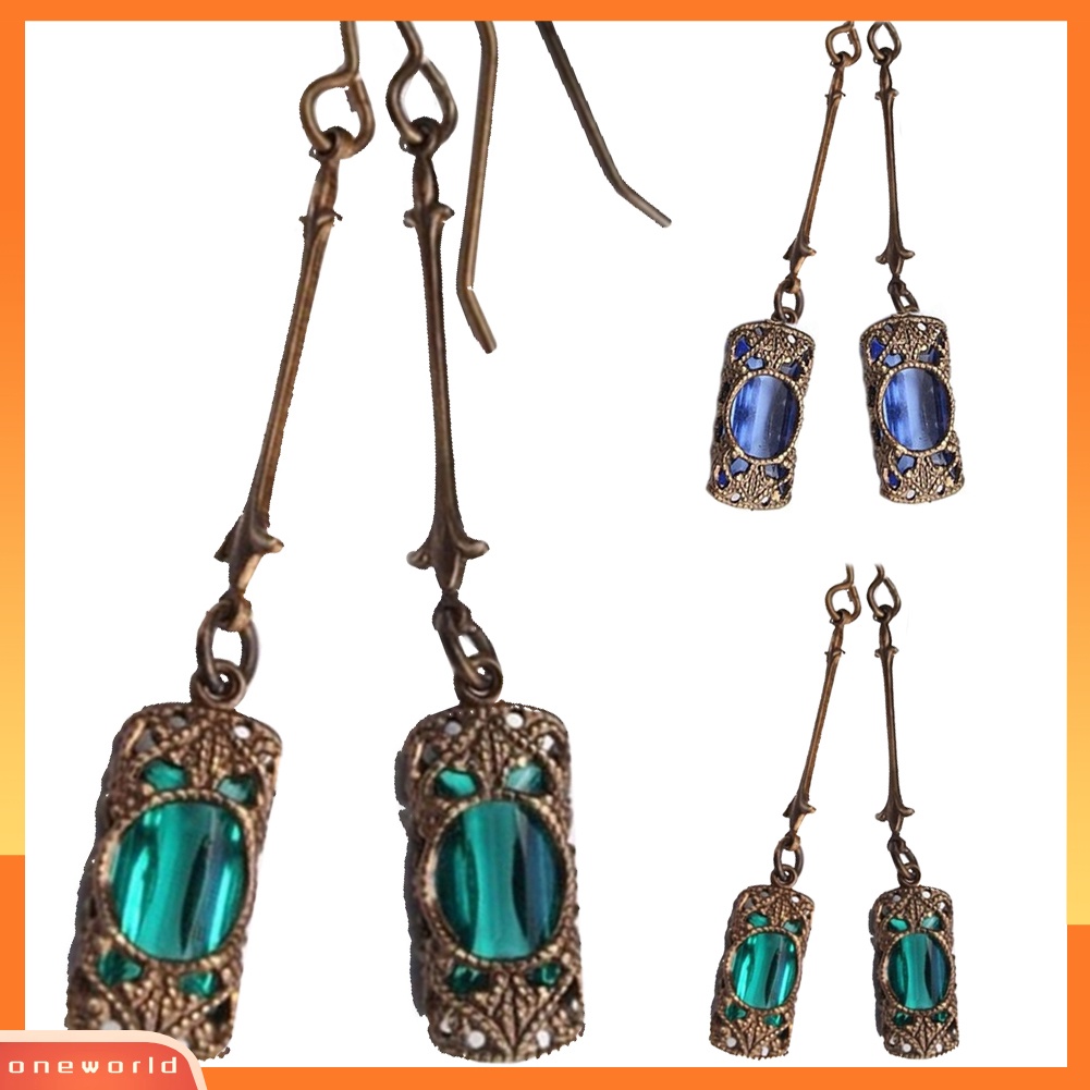 [WOD] Vintage Wanita Faux Gemstone Ukir Liontin Menjuntai Drop Hook Anting Perhiasan