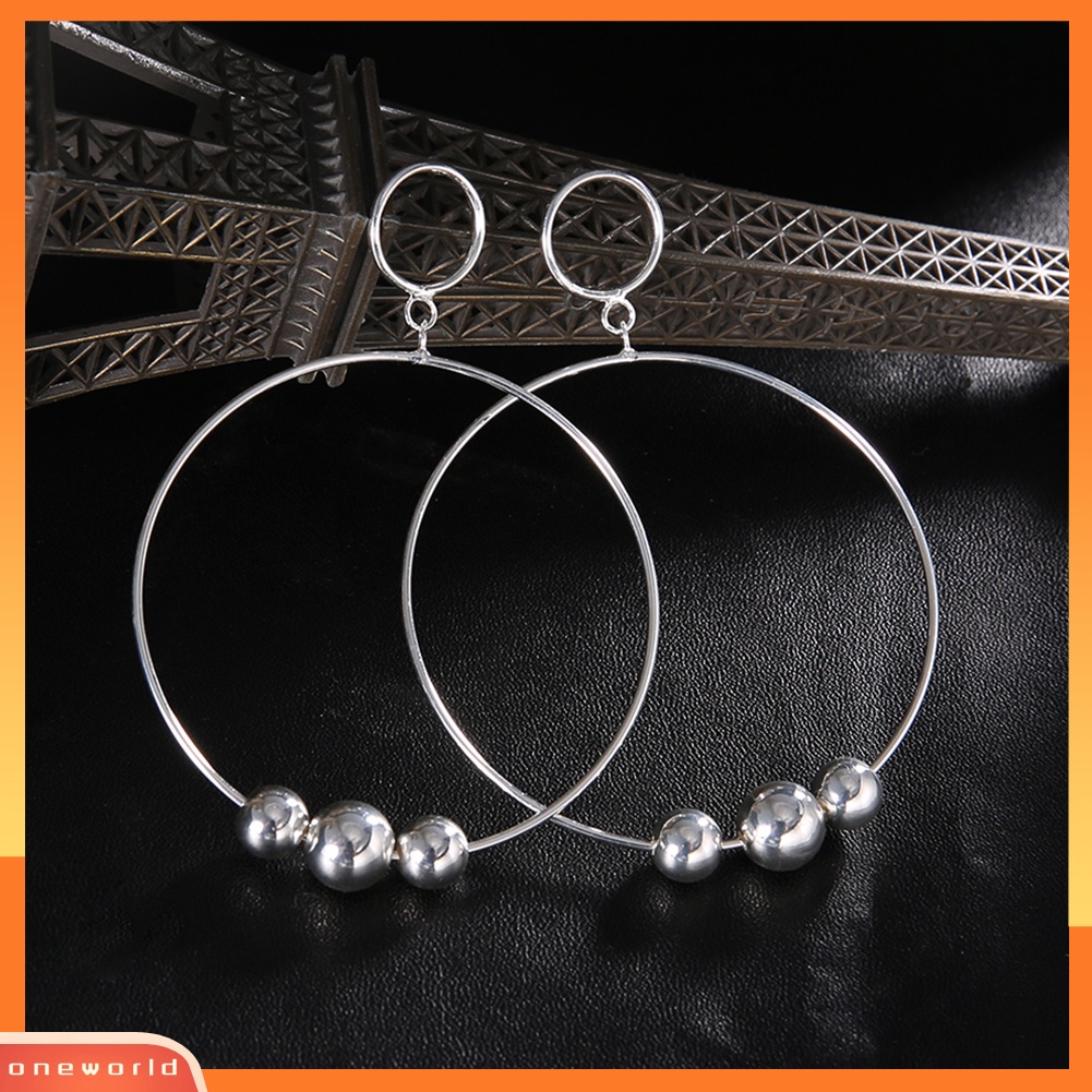 [WOD] Wanita Fashion Manik-Manik Geometris Bulat Besar Lingkaran Hoop Earrings Statement Jewelry