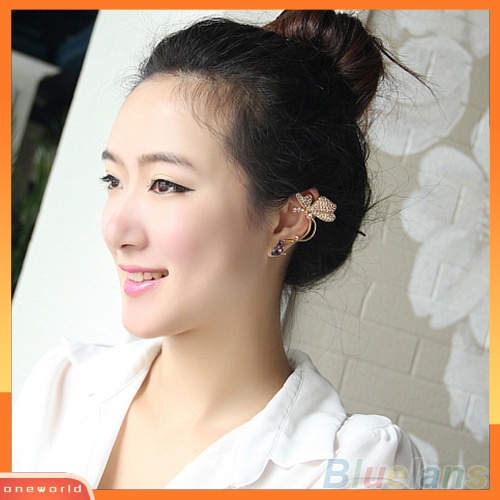 [WOD] 1pc Stud Anting Kupu-Kupu Klip Telinga Kristal Wanita Elegan Untuk Telinga Kiri