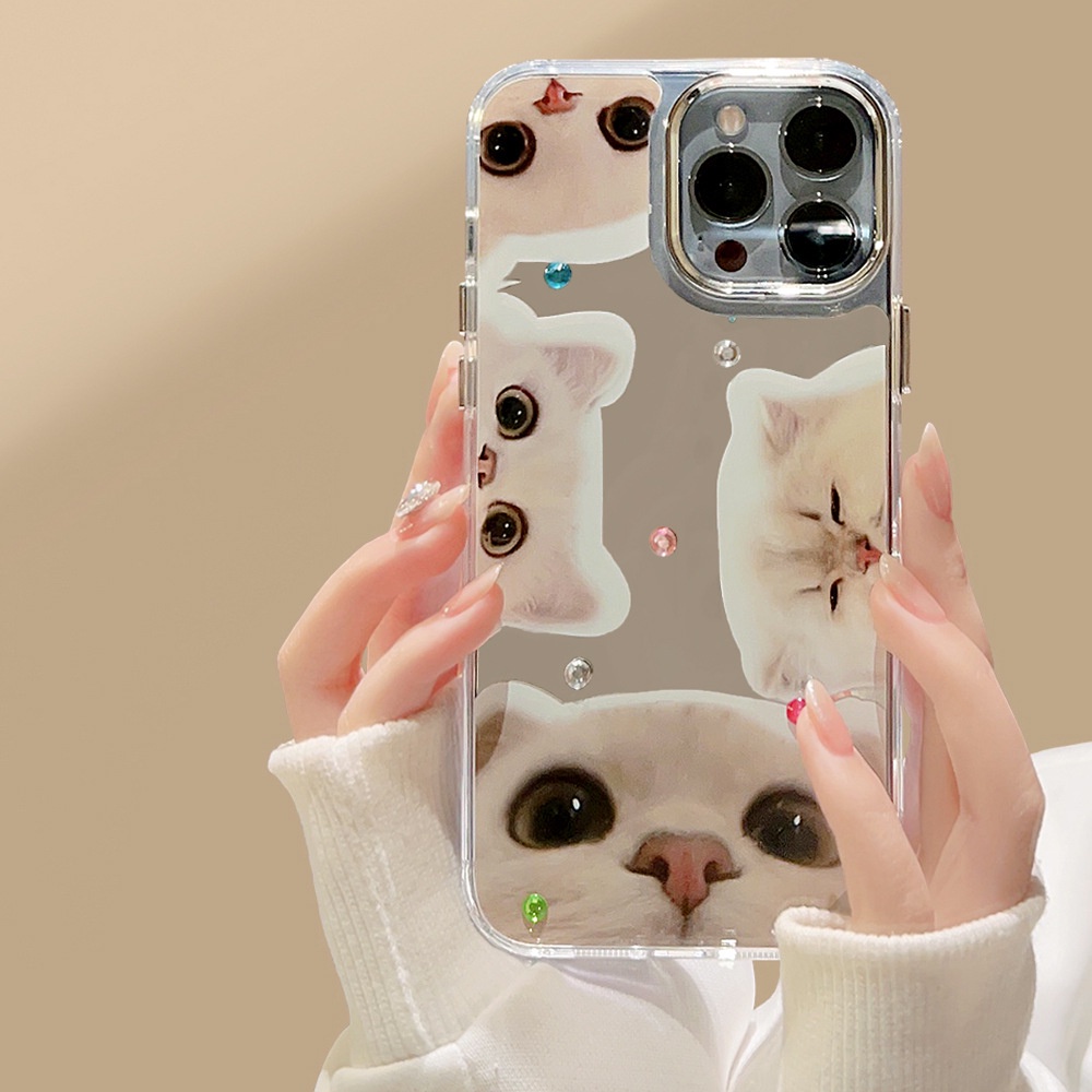 Kucing Hewan Peliharaan Lucu Menonton Anda Ponsel Cermin Makeup Case Electroplated Camera Frame Cover Dengan Berlian Imitasi Stiker Untuk Iphone/11 12 13 14 PRO MAX