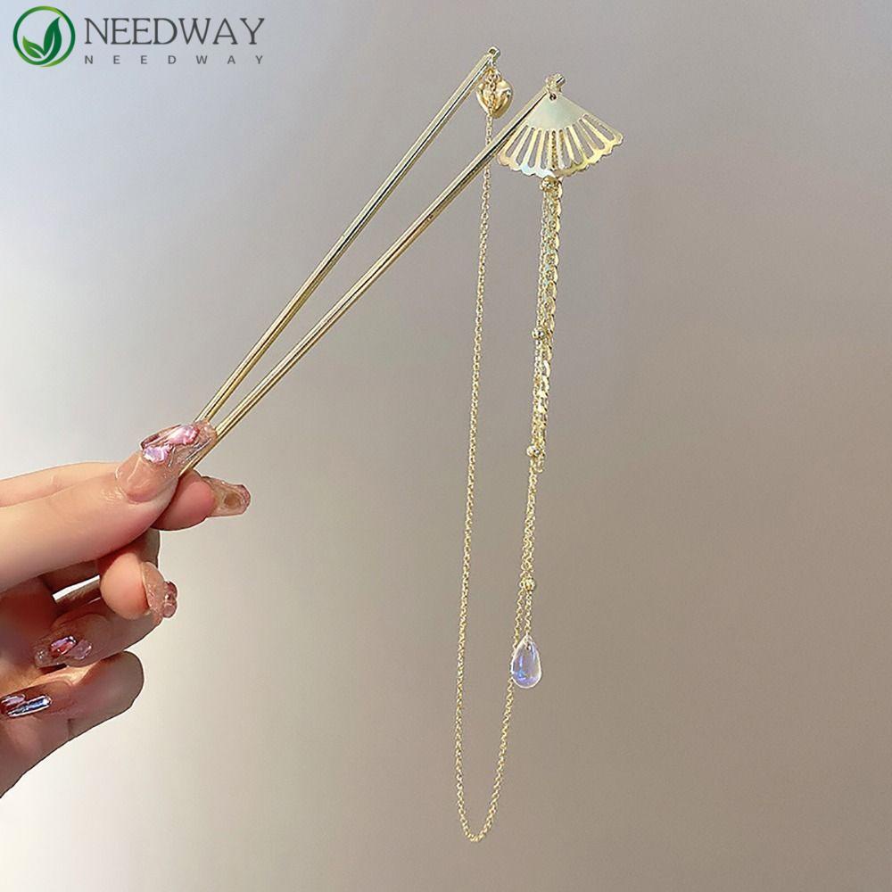 Needway Double Rumbai Rambut Tongkat Temperamen Hanfu Hiasan Kepala Vintage Bunga Hiasan Kepala Ponytail Holder Untuk Pria Mutiara Rambut Insert Rambut Garpu