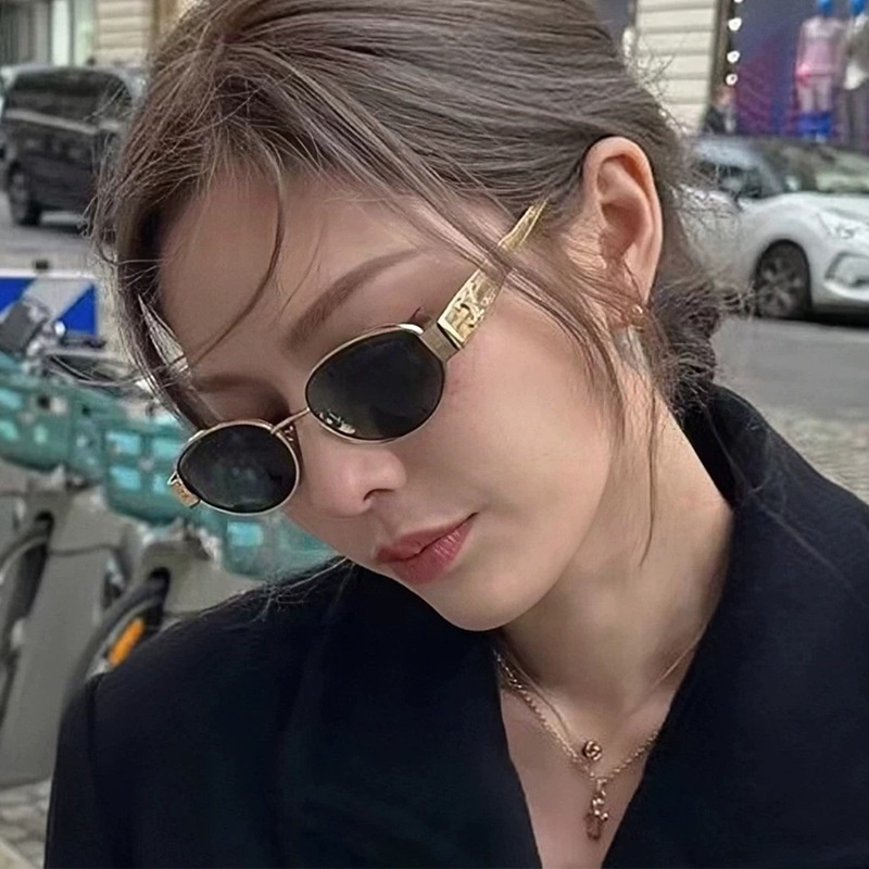 (YUZHU) Logam Vintage Oval Bingkai Kacamata Hitam Wanita Barat Fashion Kepribadian Babes Sunglasses