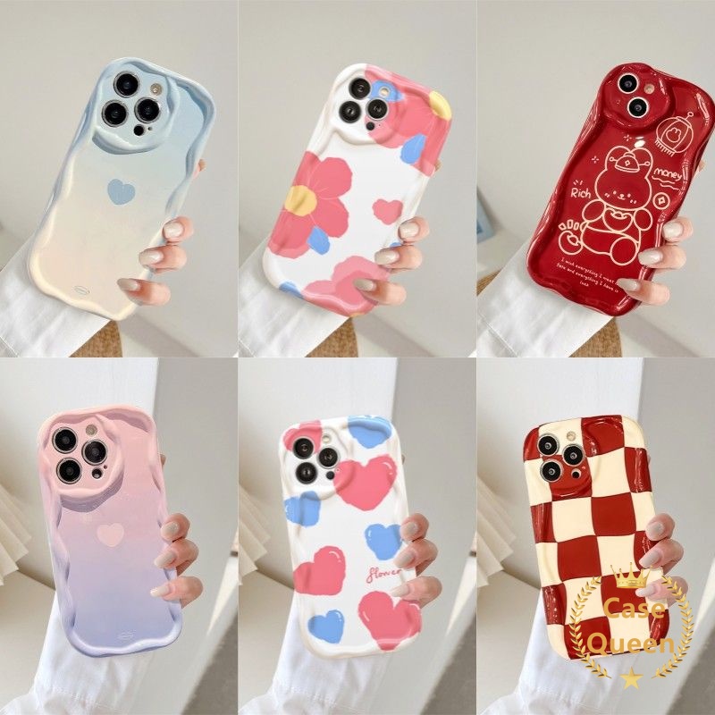 Casing Tepi Melengkung Bergelombang 3D Untuk Redmi A2 A1 9C NFC 9A 10 9C 10A Redmi Note8 11s 9 11 Macaron Color Flower Soft Cream Gradient Love Heart Red Checkerboard Kartun Kelinci Lucu Cover