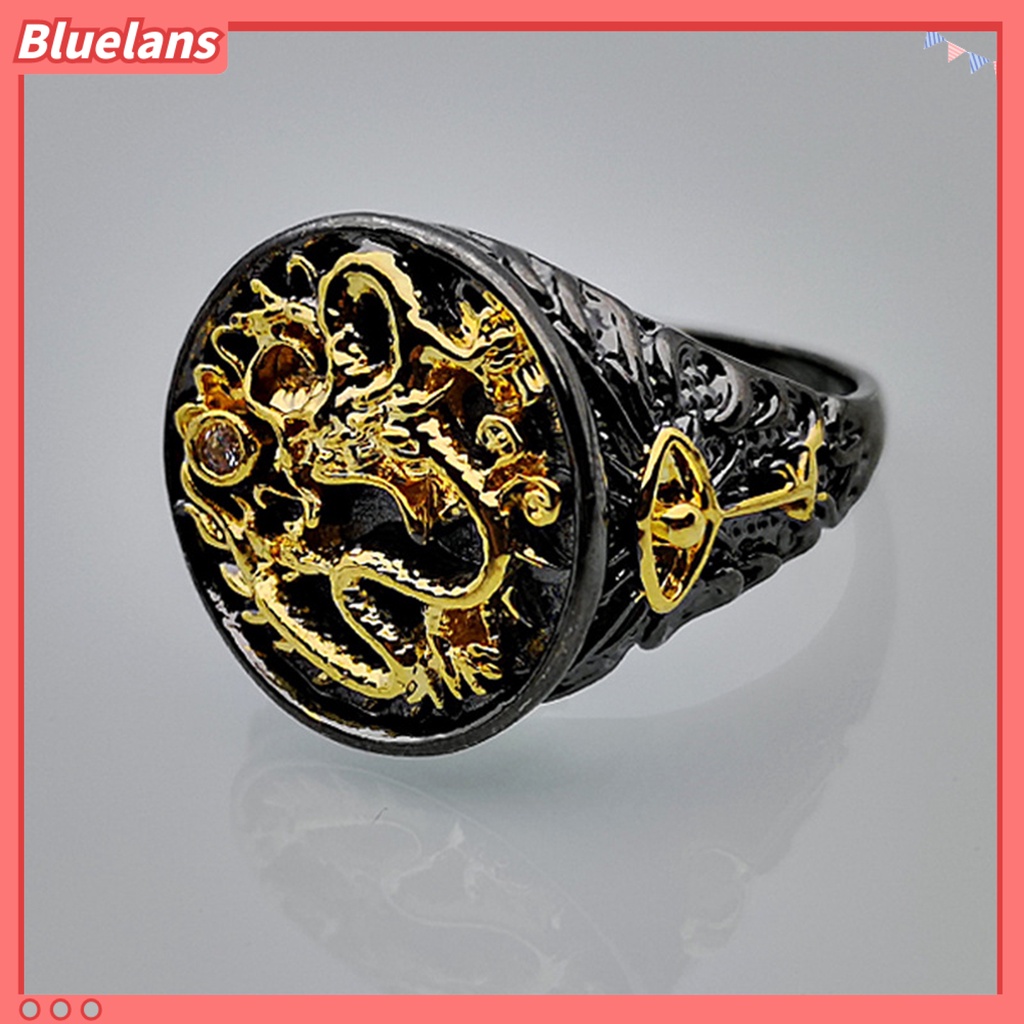 [BLS] Pria Cincin Berlapis Emas Two-tone Vintage Geometris Electroplating Dekorasi Hadiah Naga Cina Laki-Laki Jari Cincin Aksesoris Perhiasan Untuk Hadiah