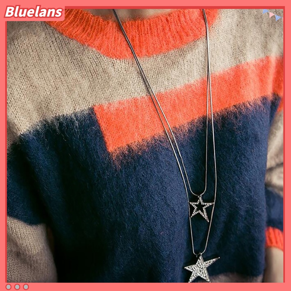 [BLS] Wanita Multilayer Berlian Imitasi Hias Hollow Bintang Liontin Kalung Sweater Rantai