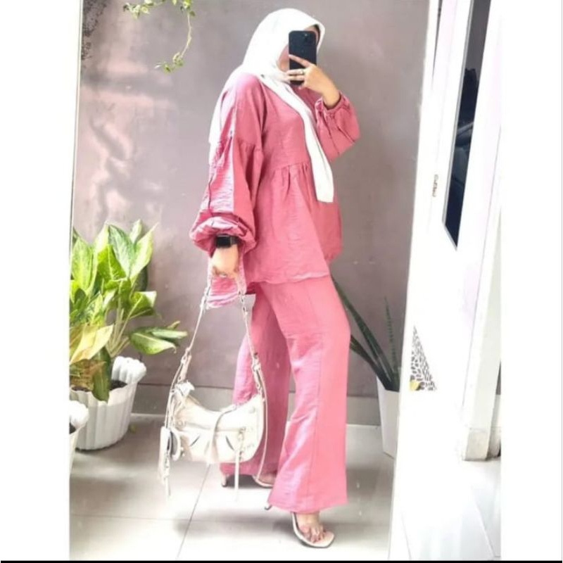 Beca One Set Setelan Cutbray Lengan Balon Pololinen setcel wanita remaja kemeja dan celana terbaru kekinian korean style