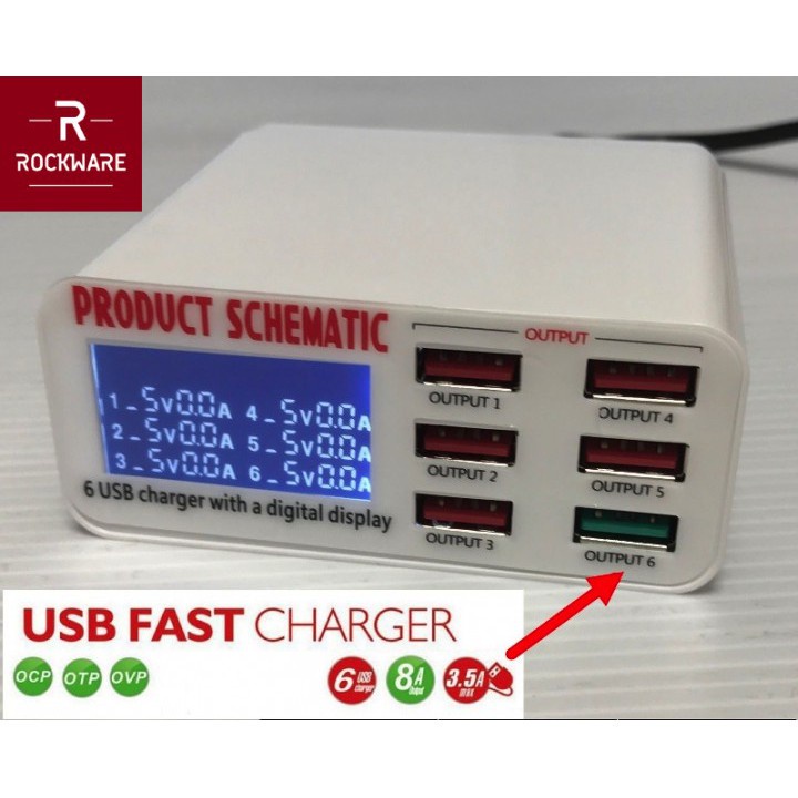 ROCKWARE WLX-896 - Fast Charger Station QC3.0 - 6 Port 40W 8A