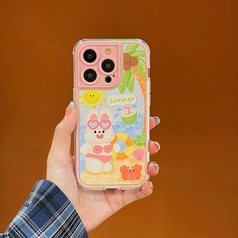 Summer Coconut Tree Bunny Soft TPU Case iP iPhone 14 + Plus 11 12 13 Pro Max 2in1 FTD Girl Woman Casing Apple