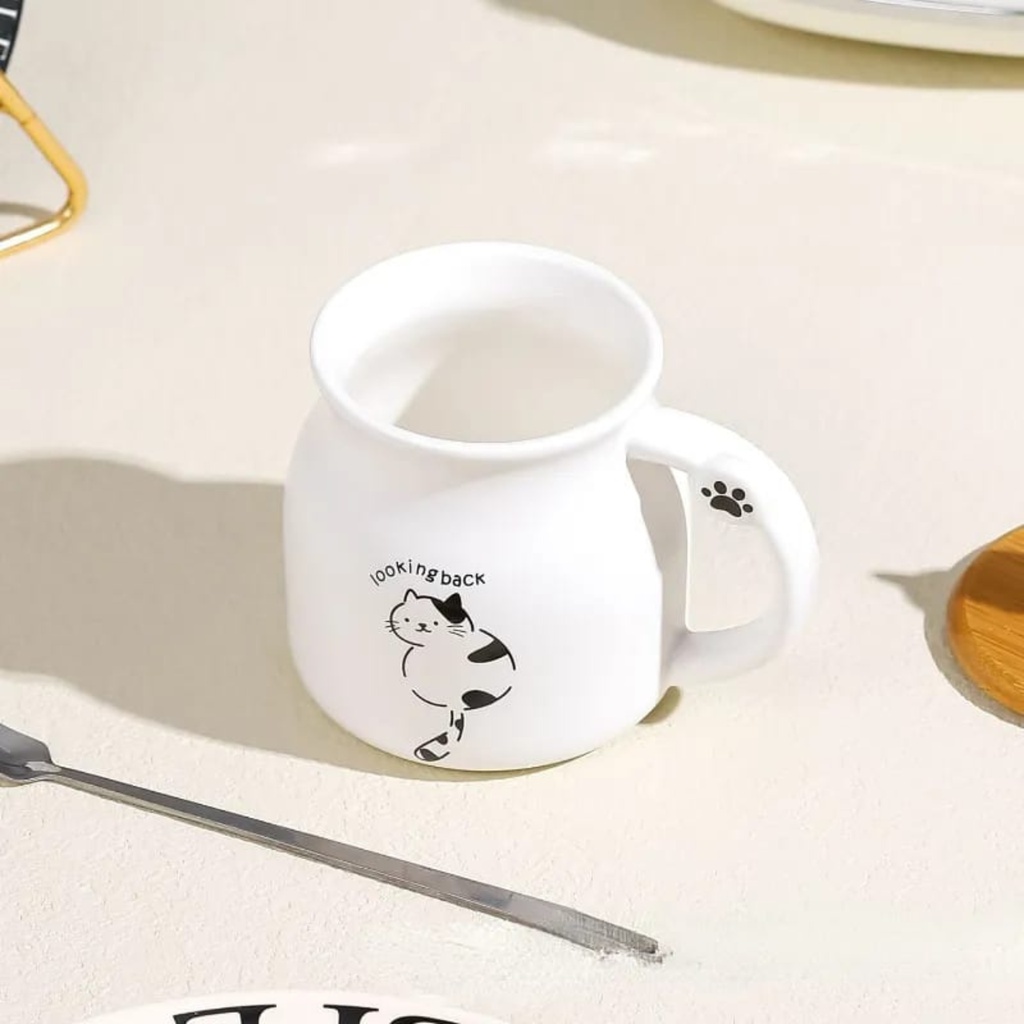 Mug Keramik Kucing dengan Tutup Kayu / Cangkir Keramik Cute Kucing