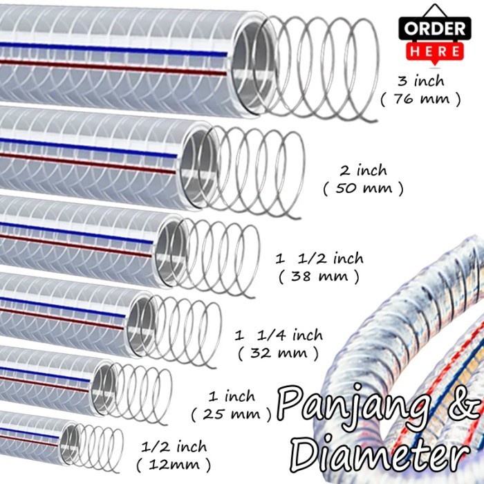 Spring Hose 1 1/4 inch PVC Steel Wire Selang Bening Kawat Spiral Ukuran 1 1/4 inch Terlaris Permeter