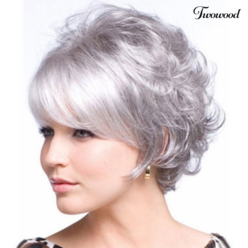 Twowood Wanita Fashion Nenek Abu Pendek Keriting Wig Berbulu Matte Sintetis Sopak