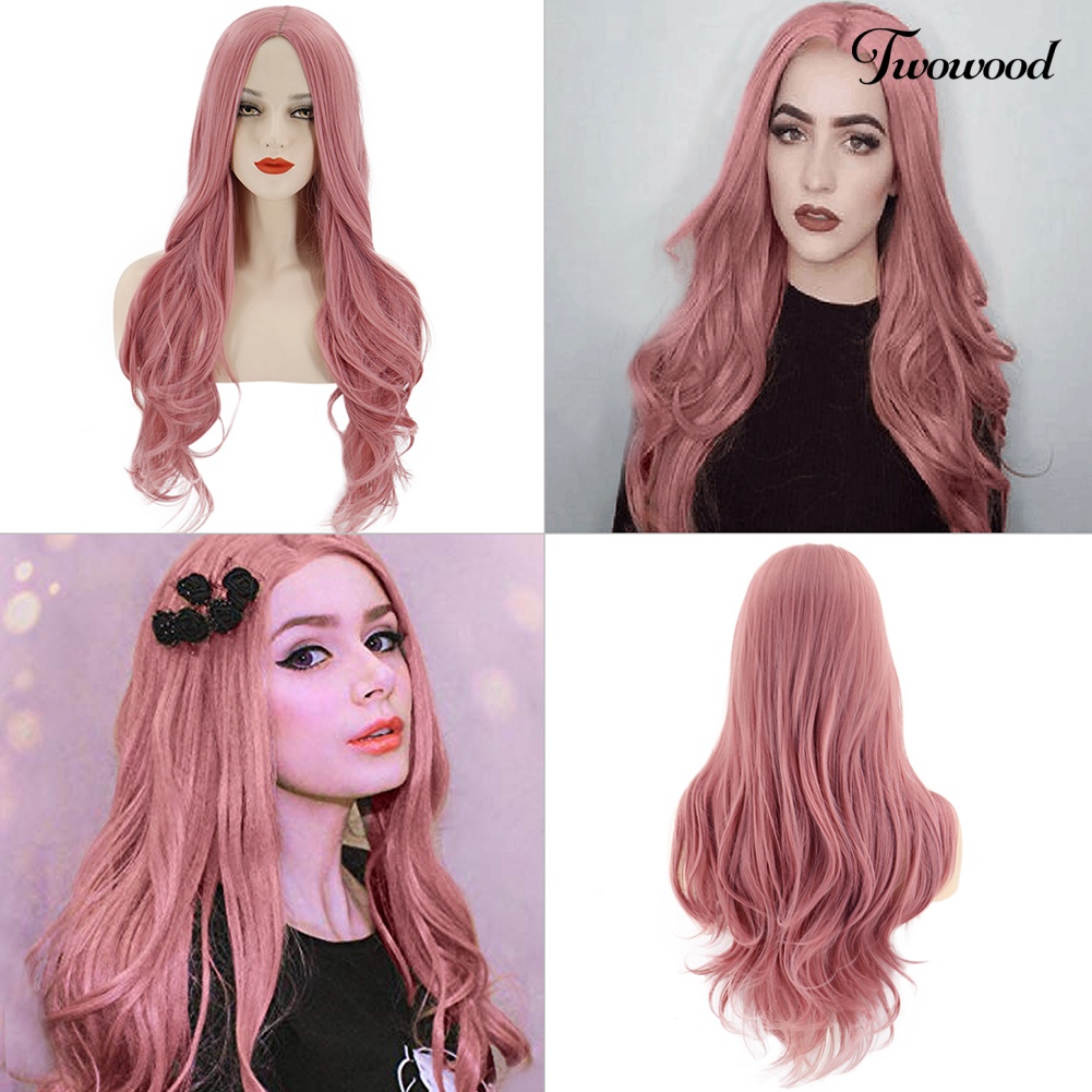 Twowood Wanita Tahan Panas Panjang Keriting Rambut Orange Pink Pesta Wig Ekstensi Sopak