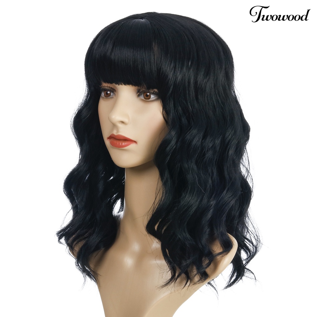 Twowood Wanita Wavy Mid Long Curly Wig Air Bangs Bermain Peran Kostum Pesta Sopak