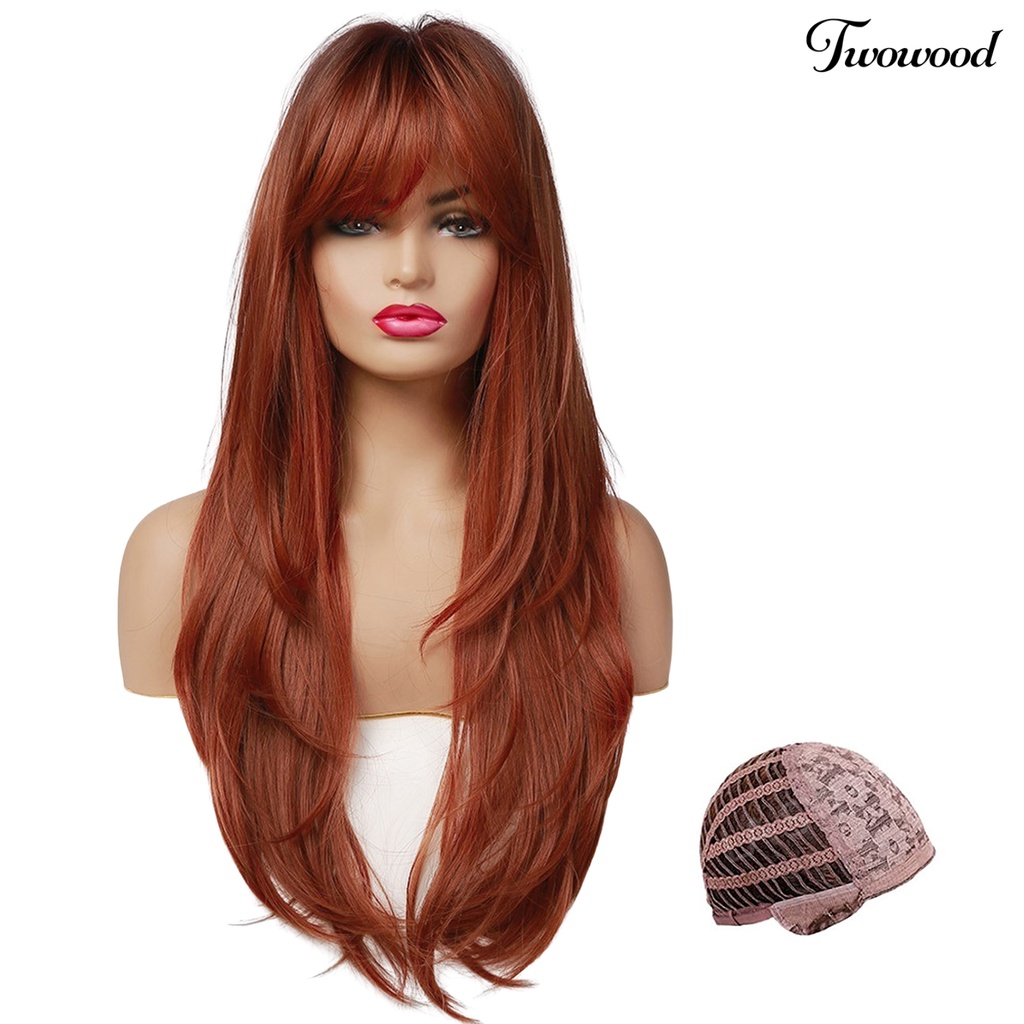 Wig Cosplay Twowood Dyed Halus Ringan Merah-Coklat Wig Poni Miring Lurus Panjang Untuk Kehidupan Sehari-Hari