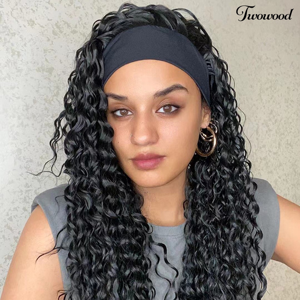 Twowood 24-Inch Wanita Wig Berbulu Tidak Menumpahkan Non-Tangle Ringan Tahan Sobek Gaya Rambut Dekorasi Warna Hitam Air Keriting Bando Rambut Manusia Wig Untuk Club