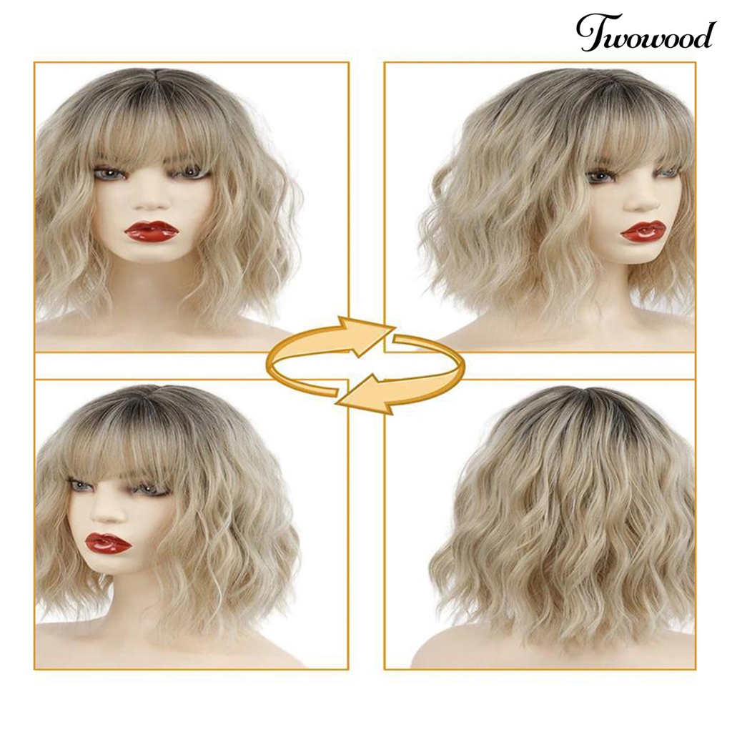 Twowood Water Ripple Wig Fashion Lembut Berbulu Mudah Dipakai Tahan Panas Alat Kosmetik Suhu Tinggi Silk Air Bangs Curly Wig Rambut Pendek Untuk Kehidupan Sehari-Hari