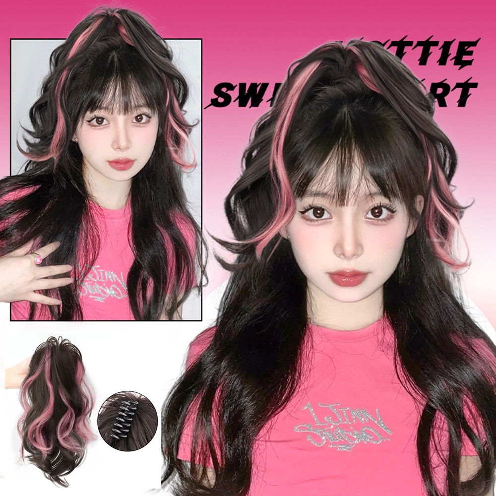 Wig Rambut Panjang Dengan Highlight Warna-Warni Ponytail Tinggi Untuk Wanita Perempuan Manis Dan Keren Bergaya 38cm