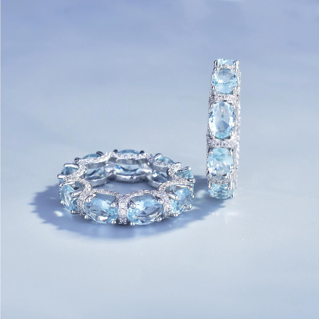 [FRA] Micro-studded diamond aquamarine Baris Cincin Galaxy Princess lace Renda aquamarine Gelang Warna-Warni Harta Cincin