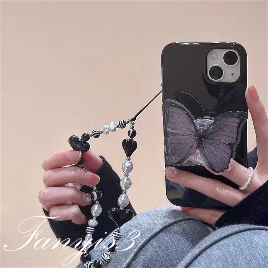 Compatible For iPhone 14 13 12 11 Pro Max X XR Xs Max 8 7 6 6s Plus SE 2020 Kompatibel Untuk Ungu Tua Butterfly Phone Case TPU Silikon Lembut Cover Pelindung Dengan Braket Rantai