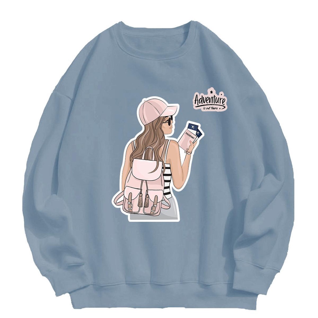 Sweater wanita Adventure Girl crewneck fleece oblong  sablon basic  oversize  tangan  panjang