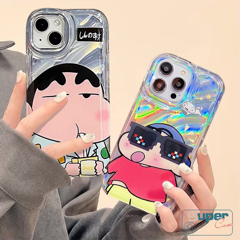 IPHONE Kreatif Kartu Crayon Shin-Chan Case Memakai Kacamata Hitam Kompatibel Untuk Iphone11 14 13 12 Pro MAX 7Plus XR X8 6 6S Plus XS MAX SE 2020 Kartun Hello Kitty 3D Stereo Corrugation Case