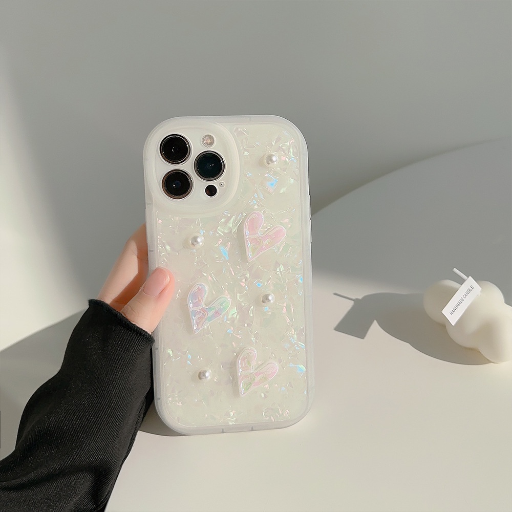 IPHONE 3d Pearlescent Kerang Cinta Hati Dengan Manik-Manik Mutiara Shell Pola Perlindungan Penuh Ponsel Soft Case Cover Untuk Iphone7 8 PLUS X XR XS 11 12 13 14 MINI PRO MAX Se2020