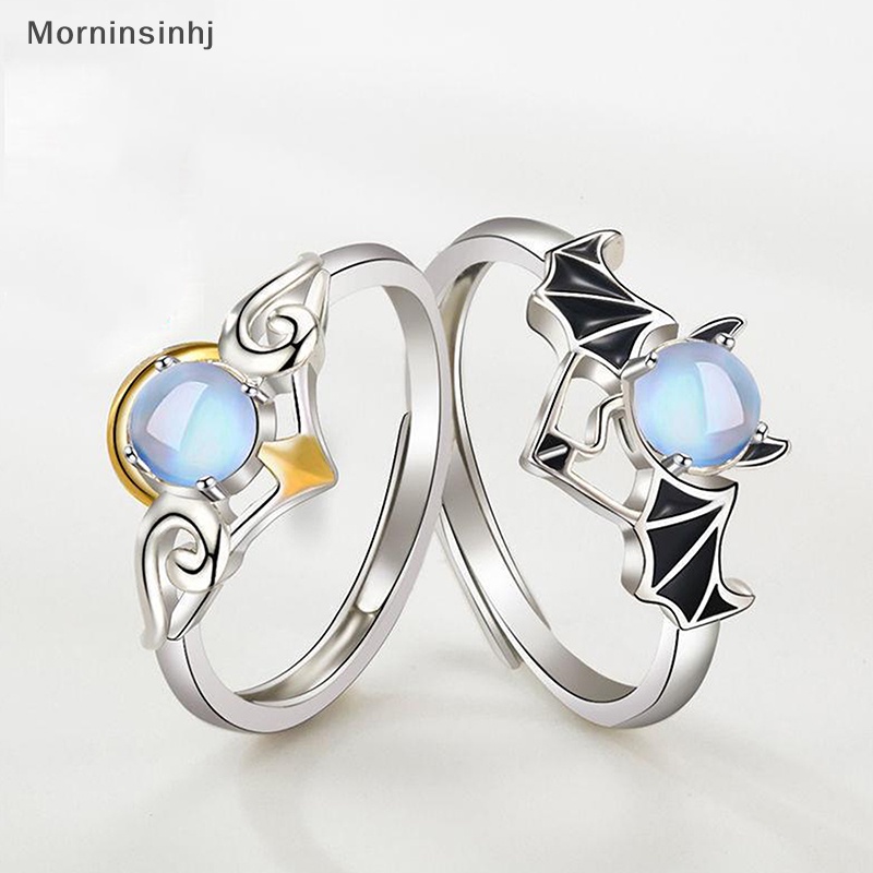 Mornin 1/2Pcs Cahaya Kristal Malaikat Setan Pasangan Cincin Romantis Fashion Sayap Moonstone Adjustable Jari Cincin Untuk Wanita Pria Perhiasan Hadiah id