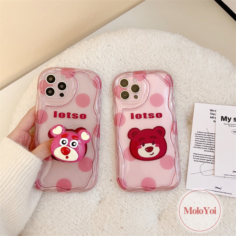 IPHONE Case Ponsel Beruang Strawberry Kartun Kompatibel Untuk Iphone7 6 8 6s Plus 11 13 12 14 Pro Max XR X XS Max 7Plus SE 2020 3D Wavy Curved Edge Holder Cover Dengan Penutup Bracket Manyo Lucu