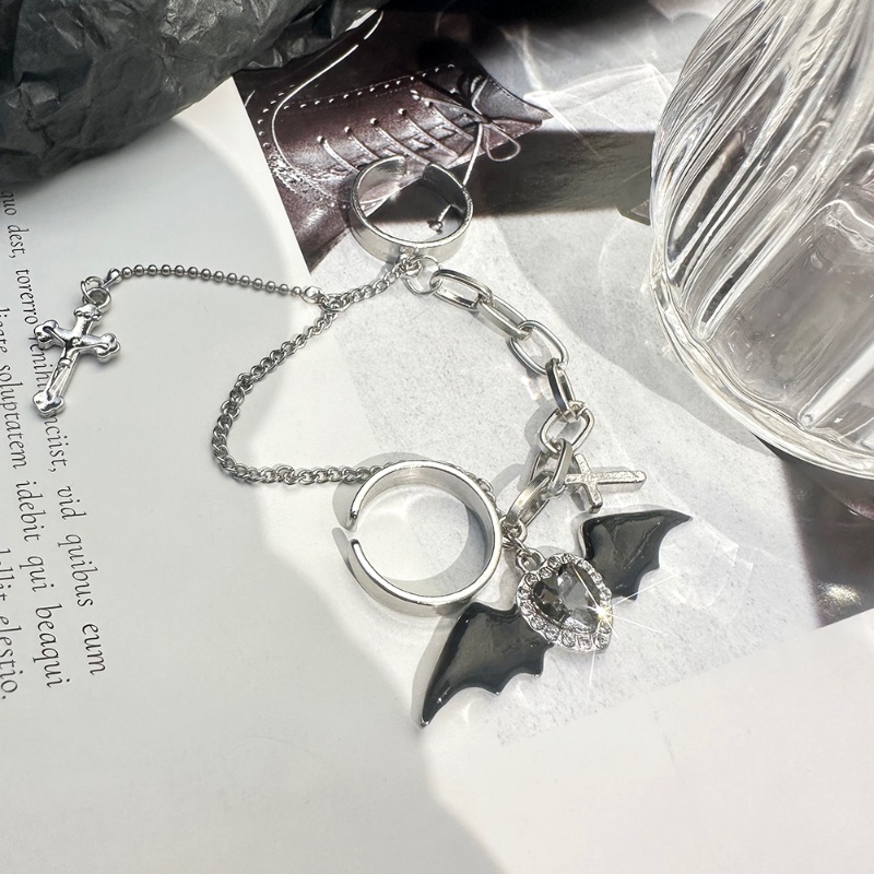 [Fiture] Fashion Sederhana Bertatahkan Zirkon Cincin/Sayap Kelelawar Cincin Rantai Jari Ganda/Gothic Punk Malaikat Terbuka Yang Dapat Disesuaikan/Ikatan Simpul Cincin Jari Silang/