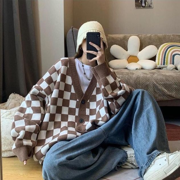 CHECKER OVERSIZED KNIT CARDIGAN WOMAN WINTER IMPORT KOREAN STYLE KARDIGAN RAJUT WANITA