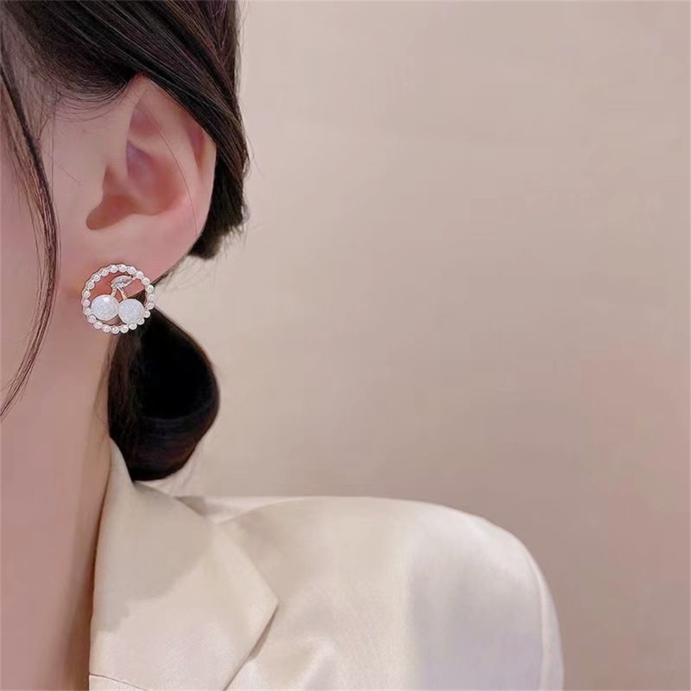 Korea Cherry Zirkon Anting Mutiara Wanita Gadis Kecil Segar Fashion Studs Earring