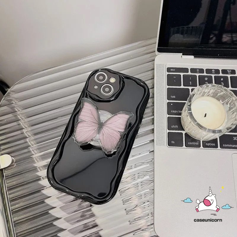 Casing Tepi Melengkung Bergelombang 3D Sederhana Kompatibel Untuk iPhone XR X11 13 7Plus 14 12 Pro Max8 7 6 6s Plus XS Max SE 2020 Fantasi Braket Kupu-Kupu Lipat Warna Solid Case Dengan Bracket