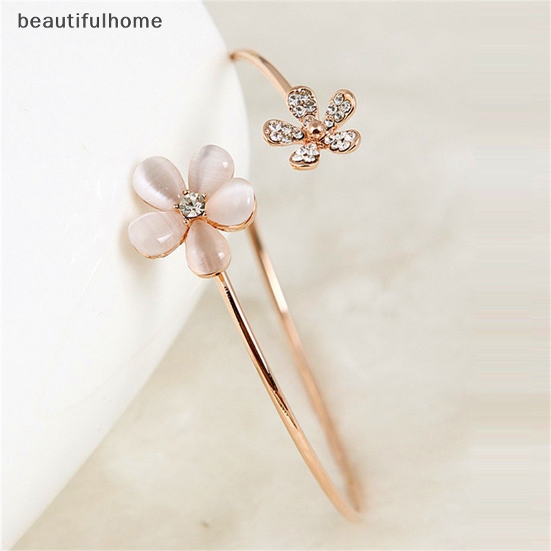 {beautifulhome} Fashion Wanita Bunga Kristal Berlapis Emas Manset Gelang Bangle Pesona Perhiasan Hadiah.