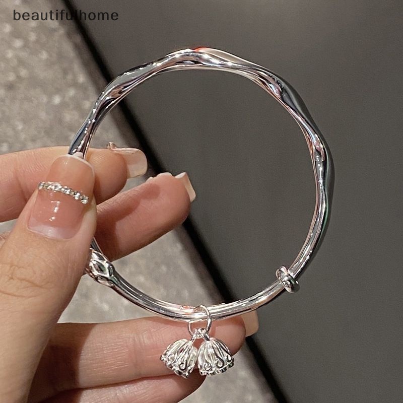 {beautifulhome} Gelang Kuncup Bunga Teratai Warna Perak Antik Untuk Hadiah Perhiasan Anak Perempuan Mobius Fashion Push-Pull Bracelet Valene's Day Gift.