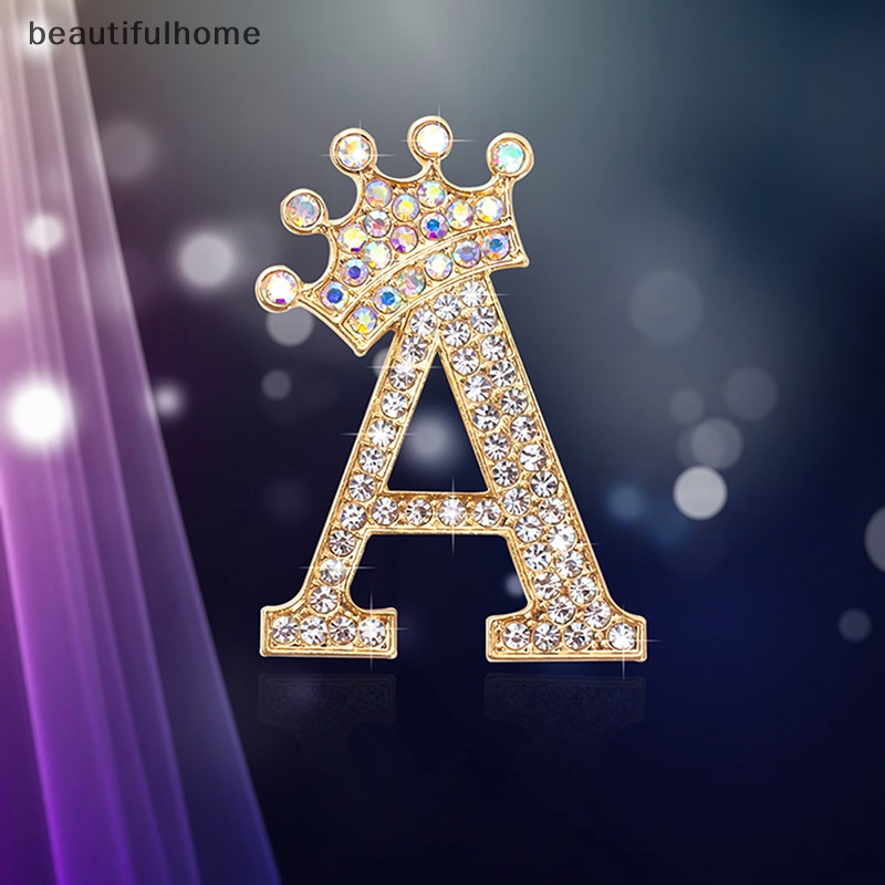 {Cantikrumah} Fashion Mahkota26Huruf Inisial A Sampai Z Kristal Berlian Imitasi Bros Pin Untuk Wanita Gaun Pengantin Kerah Lapel Pin Perhiasan.