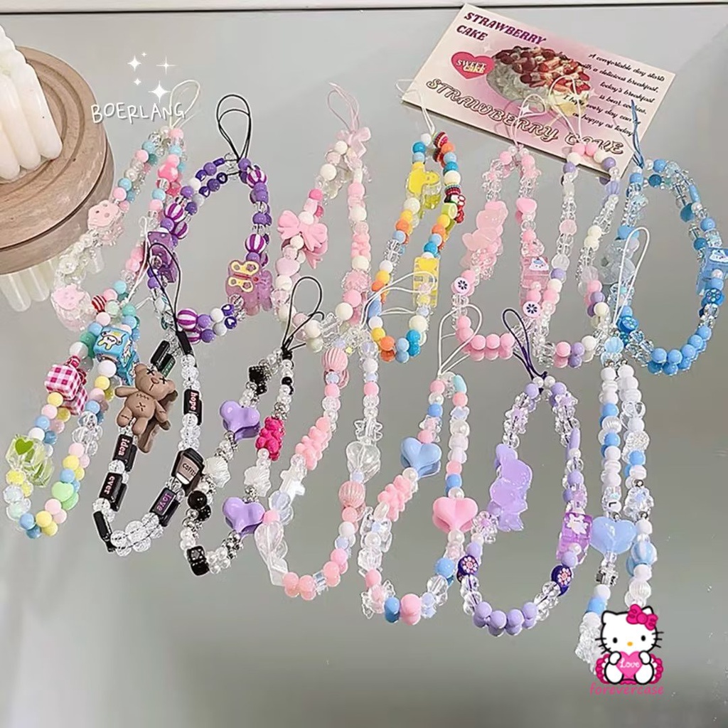 Baru Hitam Putih Beruang Senyum Cinta Hati Manik-Manik Rantai Ponsel Pesona Wanita Gadis Dekorasi Ponsel Lanyard Tali Telepon