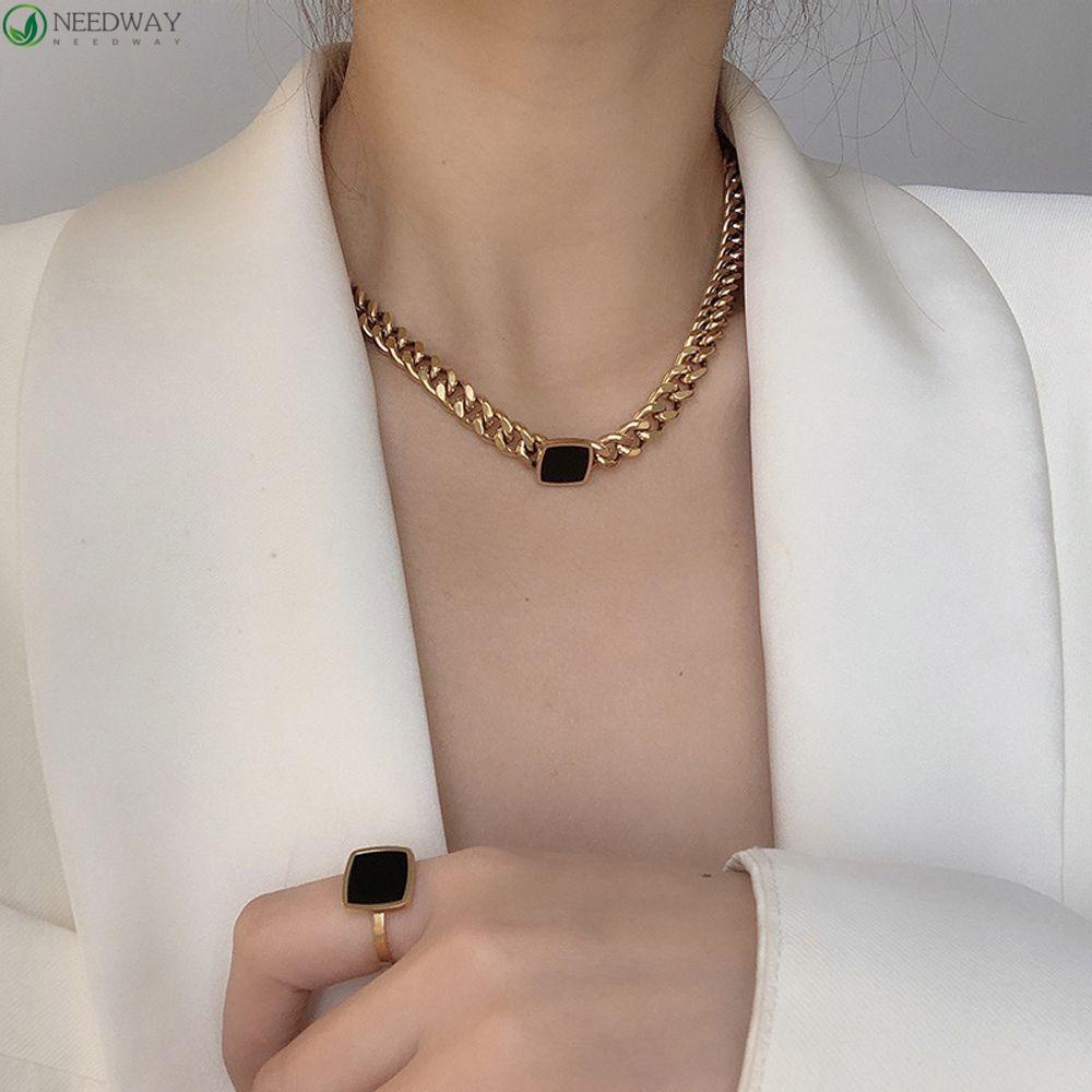 Needway Wanita Gelang Emas Menawan Industri Berat Rantai Tebal Fashion Kalung Square Pendant Necklaces