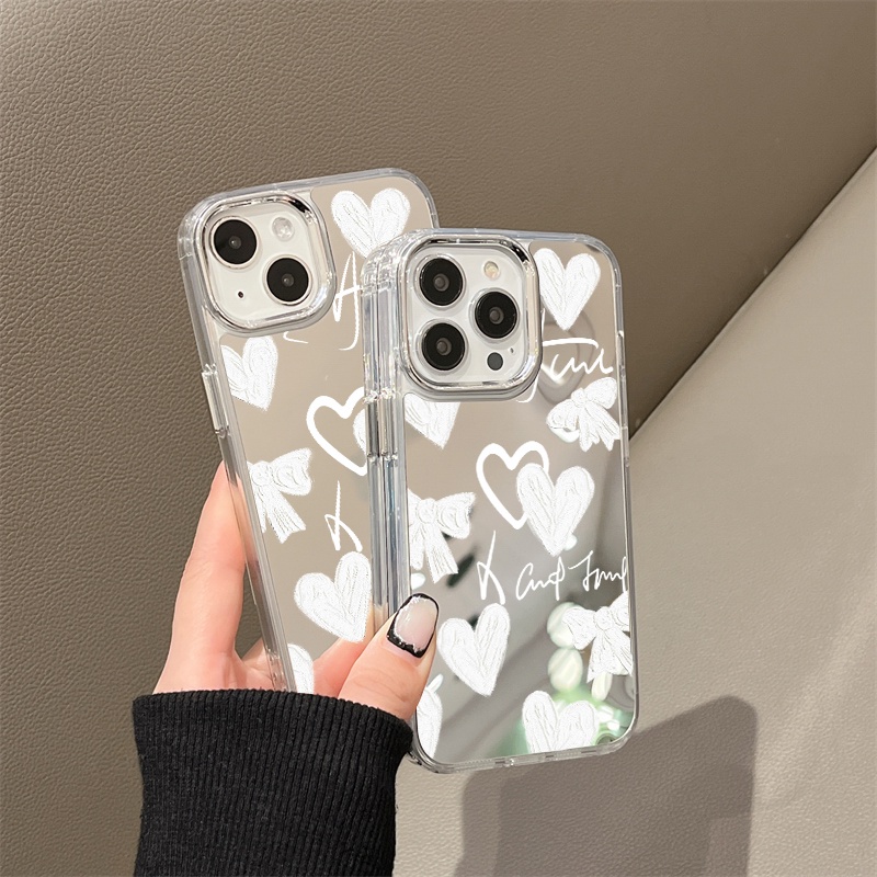 IPHONE Heart Bow Tie Graffiti Mirror Phone Case Kompatibel Untuk Iphone11 12 13 14 12Pro 13Pro 14Pro Pro Max XR X XS Max Electroplating Tombol Perlindungan Mirror Cover