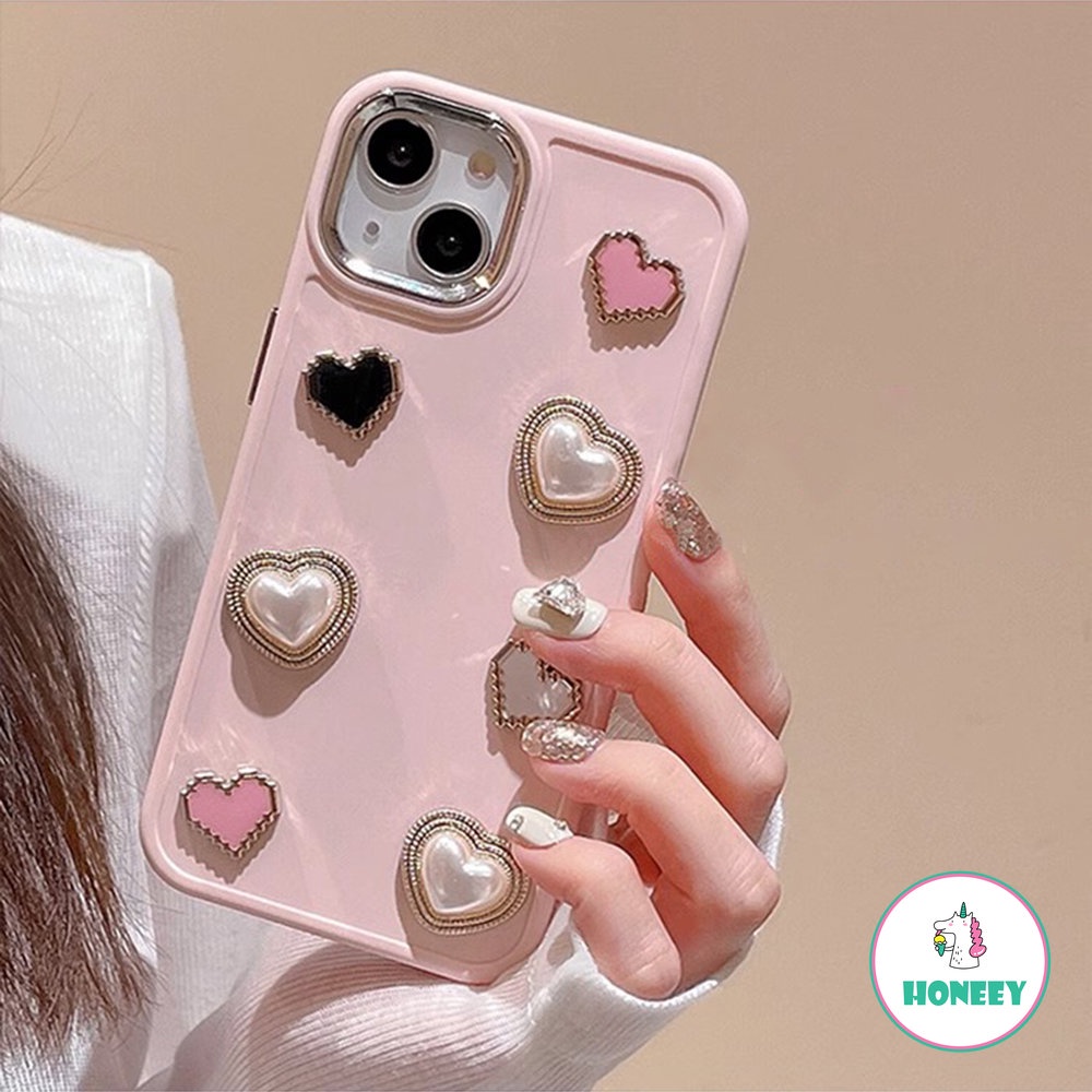 Korea Pink 3D Love Heart Pearls Phone Case Kompatibel Untuk iPhone 14 Pro Max13 12 /12pro 11 Pro Max Shockproof Pelindung Penutup Belakang