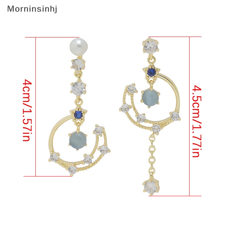 Mornin 1pasang Indah Mutiara Bulan Asimetris Drop Earrings Fashion Biru Kristal Liontin Anting Gadis Lucu Pesta Pernikahan Perhiasan id