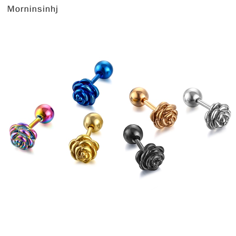 Mornin Multicolor Bunga Stainless Steel Stud Earring Trendi Kecil Barbel Mawar Anting Stud Tulang Rawan Fashion Stud Perhiasan id